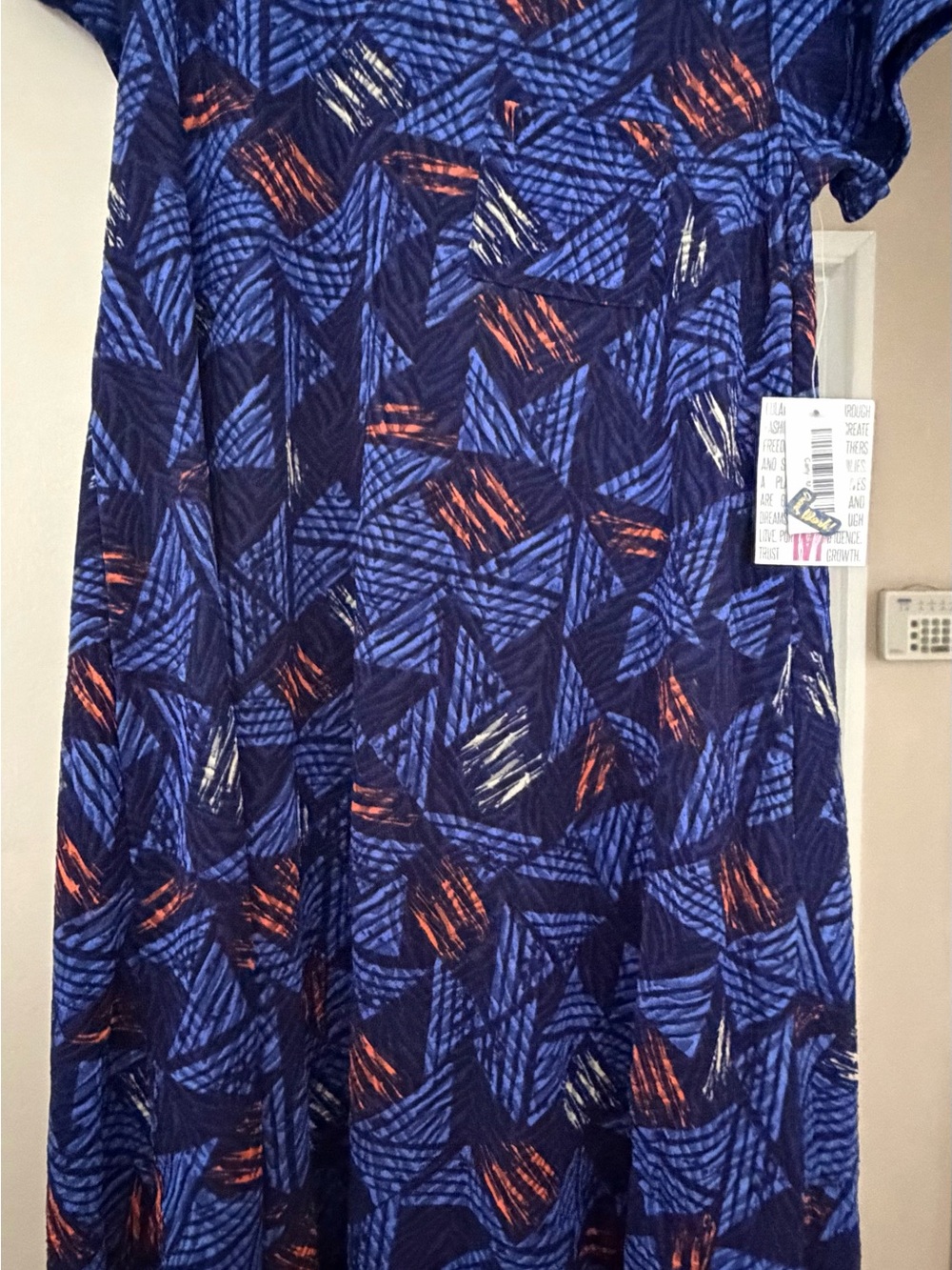 LuLaRoe Blue Geometric High-Low Dress with Orange Accents